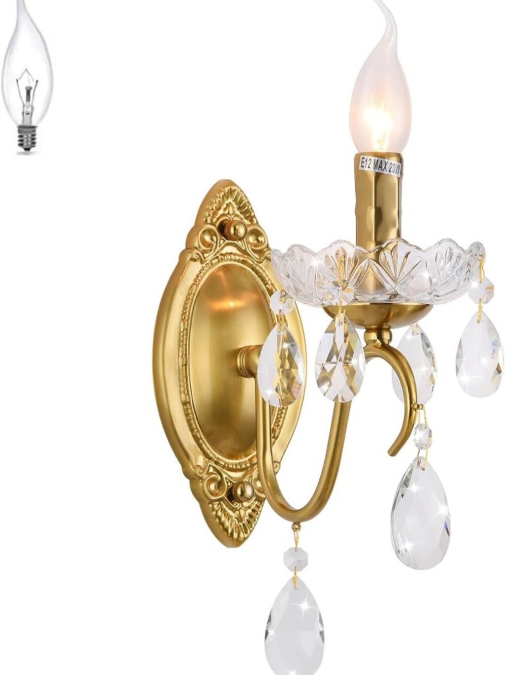 Vintage Gold Wall Sconces with Crystal Shade | Antique Brass 1-Light Wall Lamp